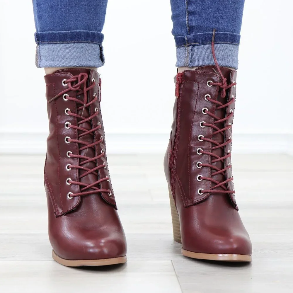 Lace-Up Block Cone High Heeled Ankle Boots Synthetic Leather - Picture 4 of 15